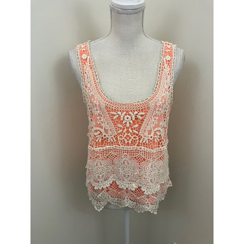 Staring at Stars Orange Tank White Lace Overlay Size Medium